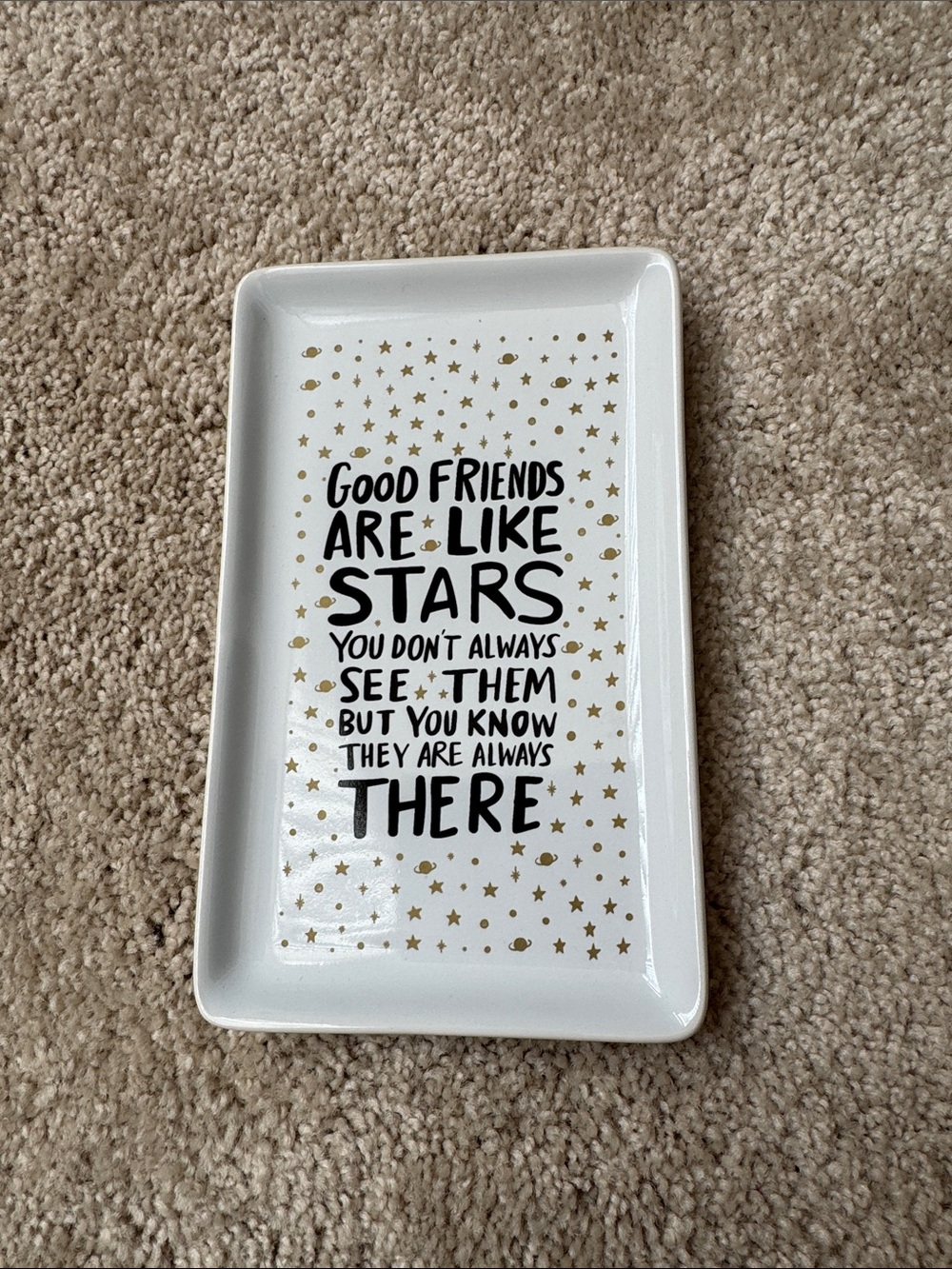 White and Gold Ceramic Trinket Tray - 'Good Friends Are Like Stars'